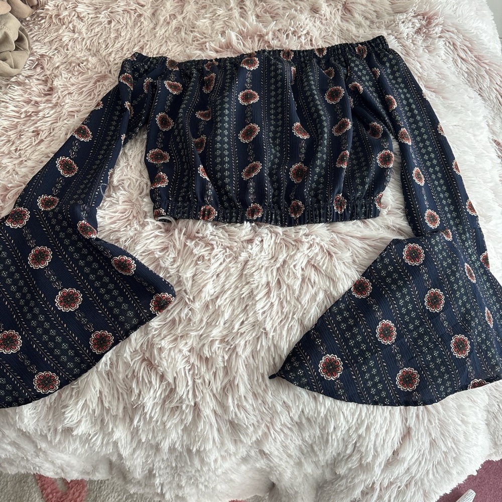 Blue Blush Off-Shoulder Floral Top - Navy and Red